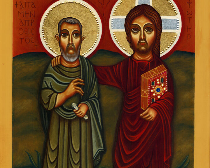 Ikona Przyjaźni, Chrystus i Abba Menas II, ikona koptyjska, tempera jajkowa, imitacja złota - szlagmetal, imitacja srebra, 20x25 cm, 2021 r.