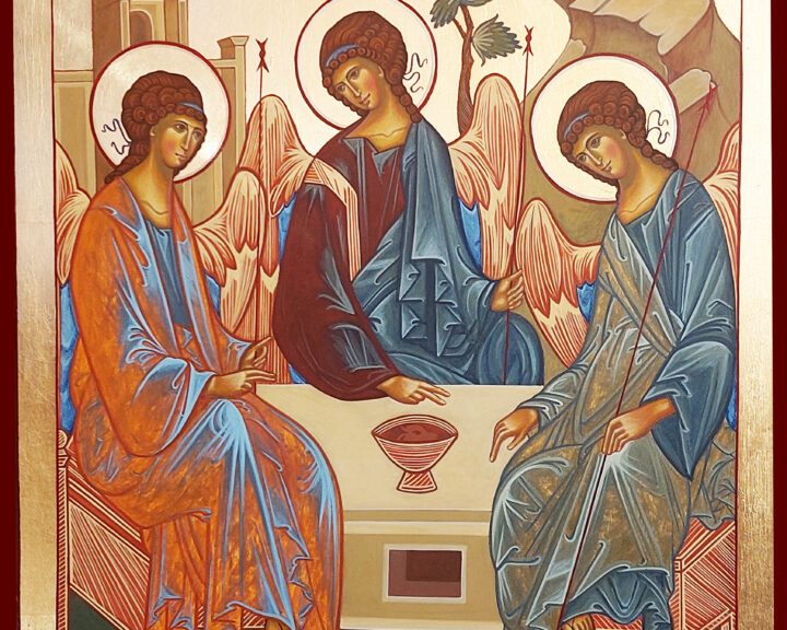 Trójca Święta II, wg Andrieja Rublowa, tempera jajkowa, imitacja złota - szlagmetal, 33x40 cm, 2022 r.
